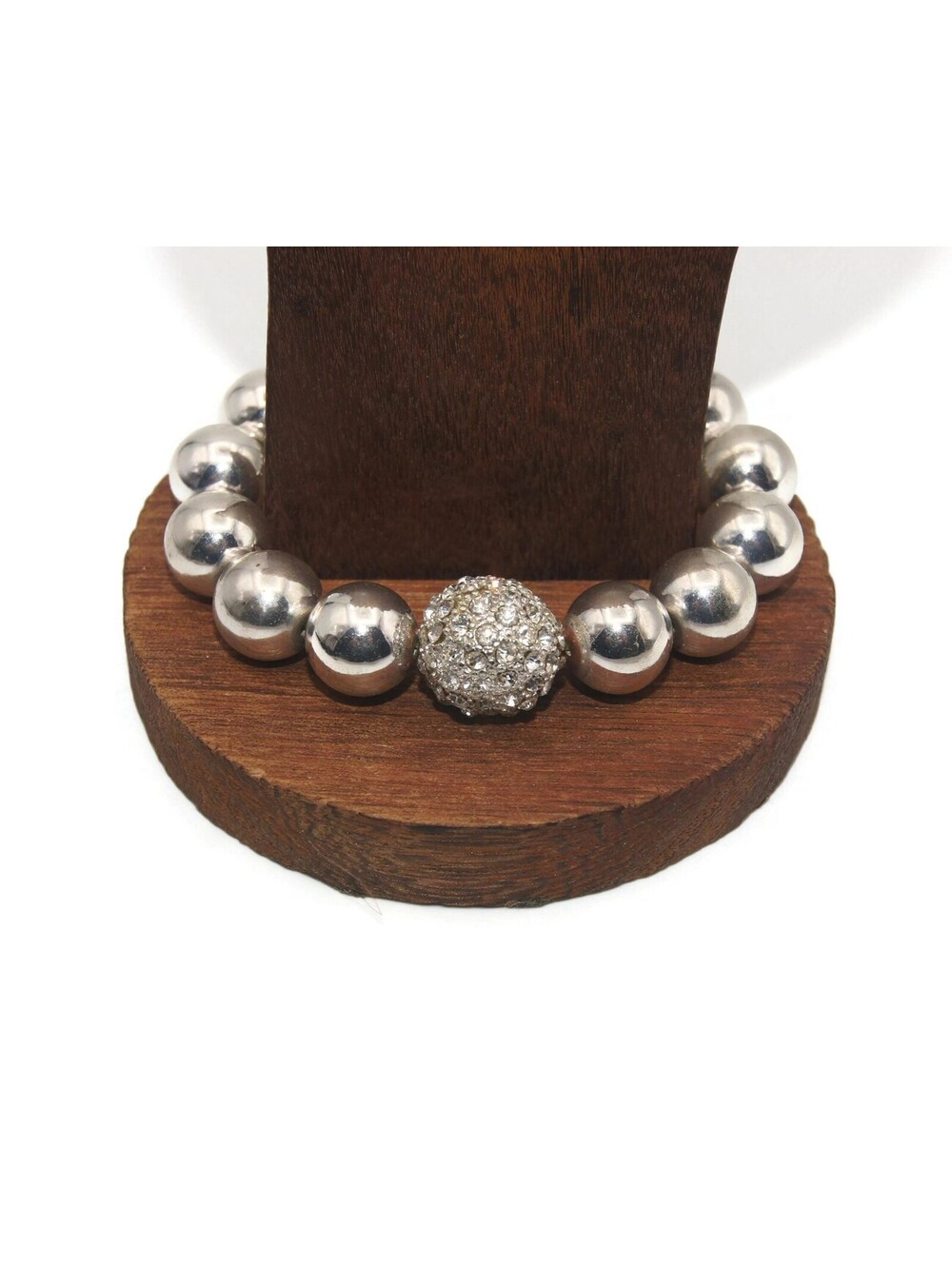 Vintage Silver Tone Plastic and Clear Rhinestones Beaded 7 Inch Elastic Bracelet
